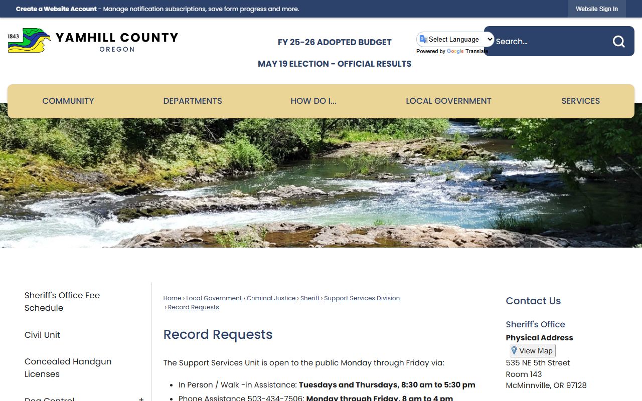Yamhill County arrest records request page