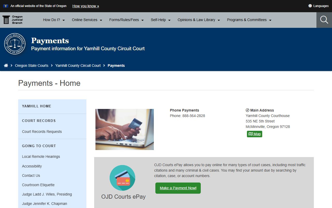 Yamhill County court dockets Circuit Court payment and case lookup page