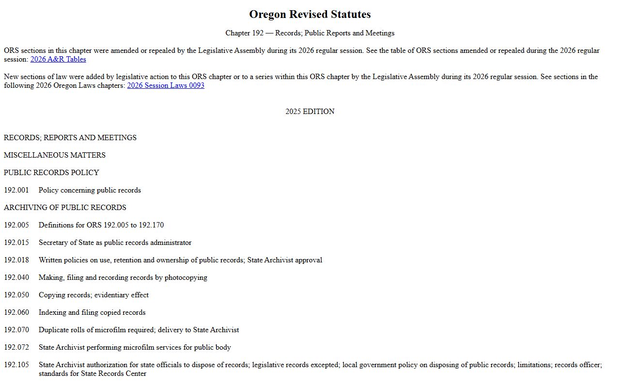 Yamhill County court records ORS Chapter 192 public access statutes
