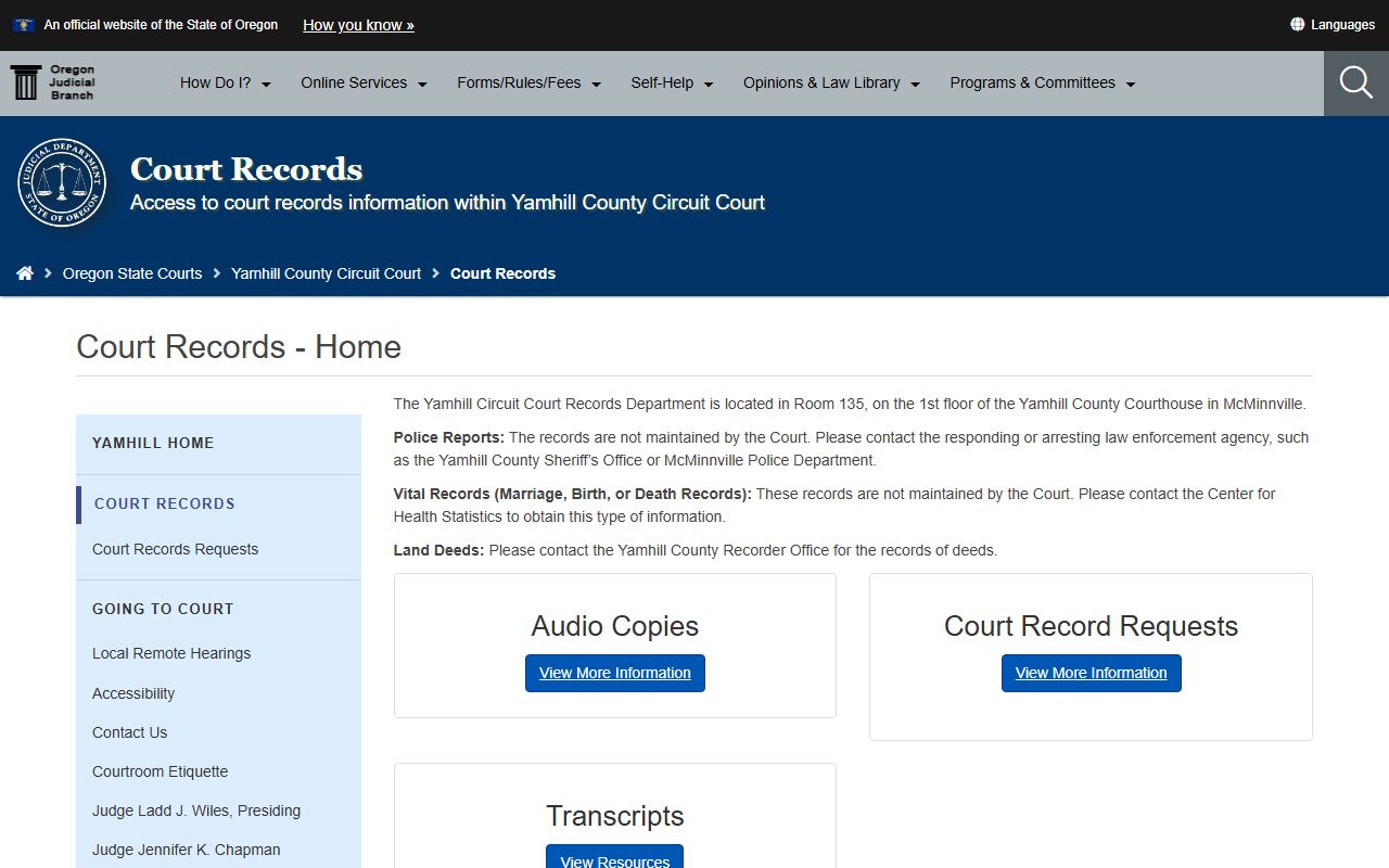 Yamhill County court records department information