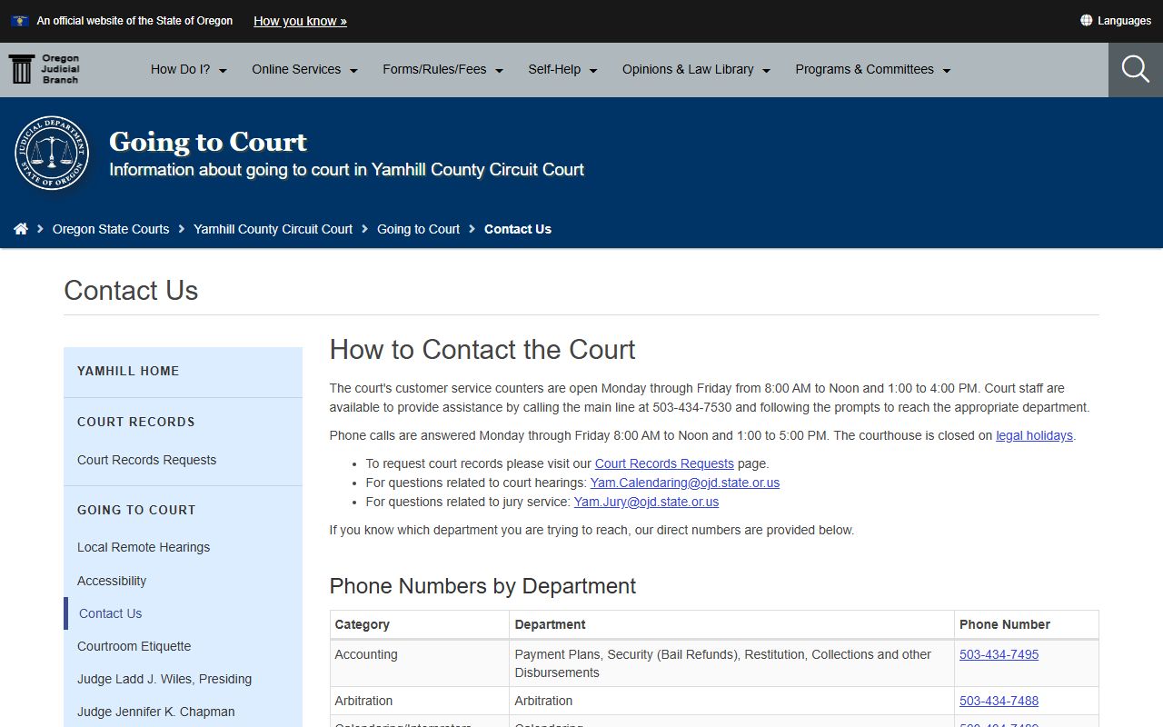 Yamhill County Circuit Court contact information for court records