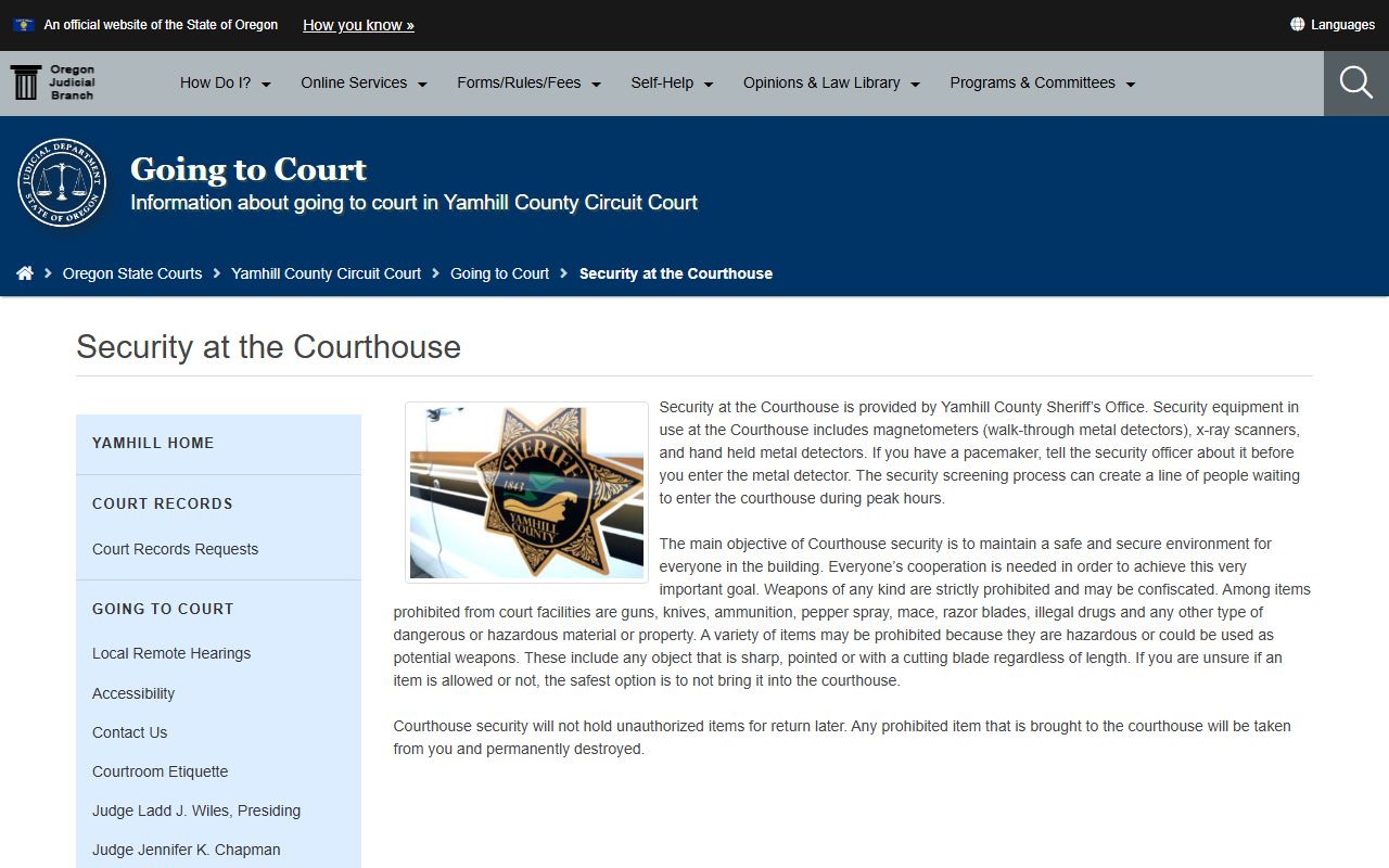 Yamhill County courthouse security for court records visits