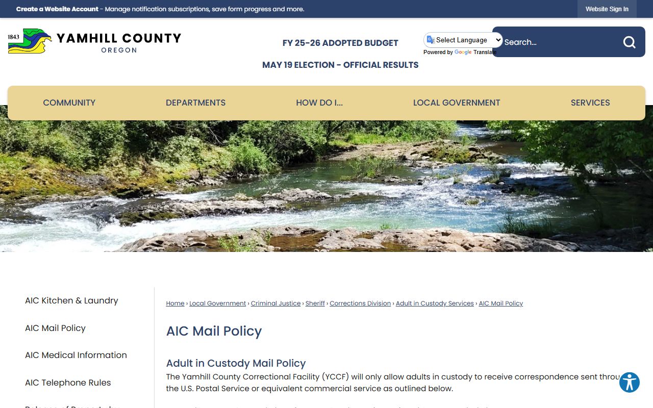 Yamhill County inmate search AIC mail policy