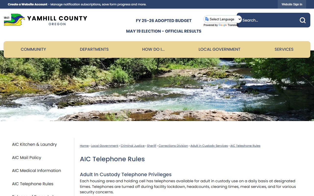 Yamhill County inmate search AIC telephone rules