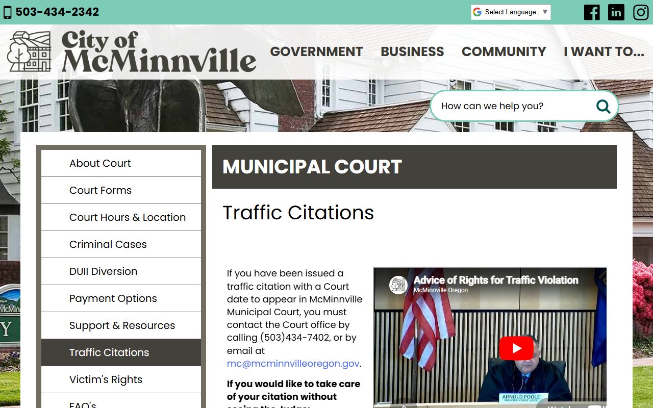 McMinnville Municipal Court traffic citation options page