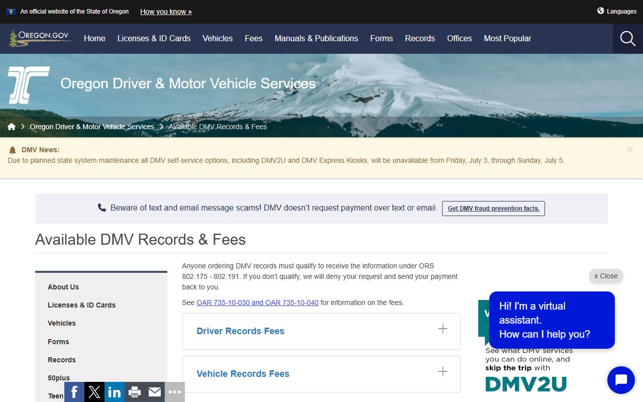 Oregon DMV available records and fees